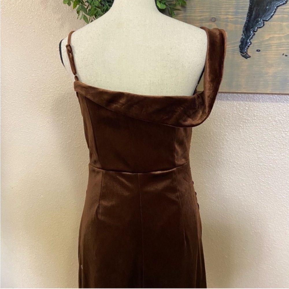 Lulus Showing Off a Little Brown Velvet Asymmetrical Tulip Midi Dress - Picture 6 of 9